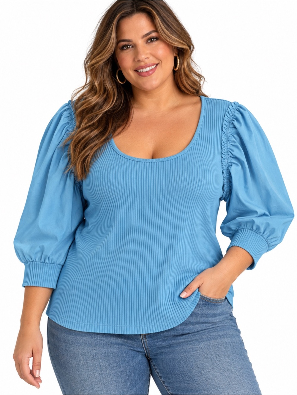 Anthro Nation Los Angeles Tessa Blue Scoop Neck‎ Ribbed Top XXL